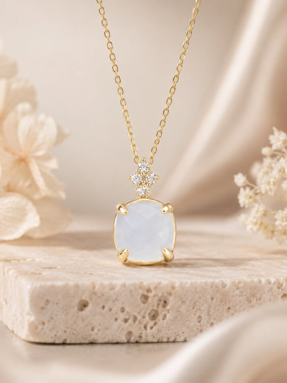 Rainbow Moonstone & White Topaz Pendant Necklace